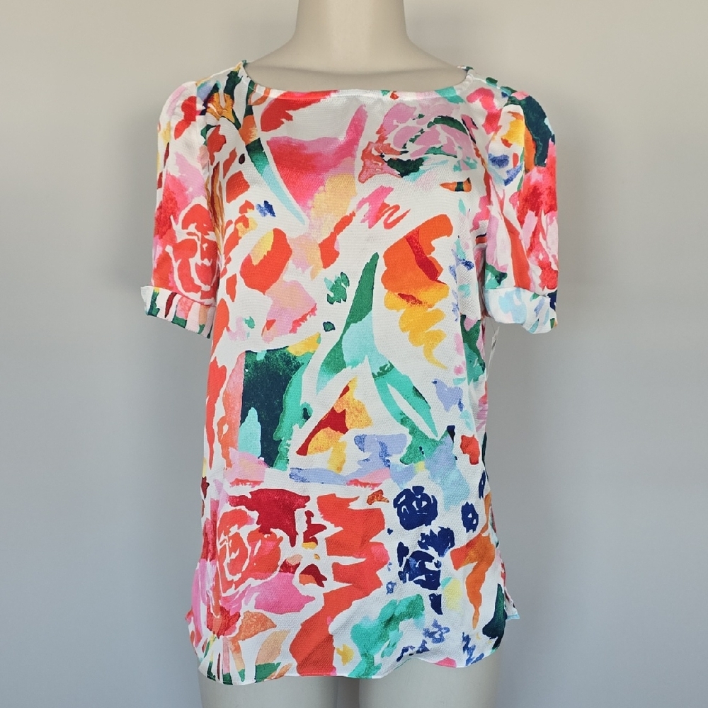 Chico's Hammered satin tee- daintree floral- orange tango-0